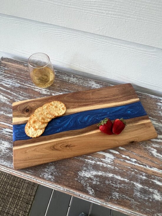 Sapphire Blue Resin River Wood Cutting Board Charcuterie Board Cheeseboard Beach - Picture 3 of 7